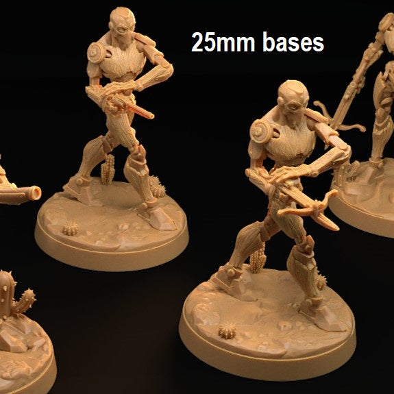 Image shows 3D renders for two different options of a warforged gunslinger gaming miniature, one holding a crossbow and one holding a pistol