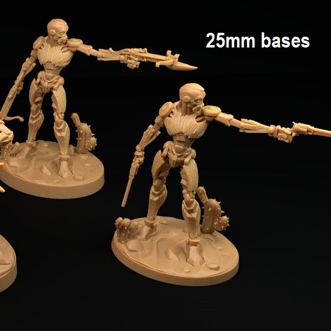 Image shows 3D renders for two different options of a warforged gunslinger gaming miniature, one holding two crossbows and one holding two pistols