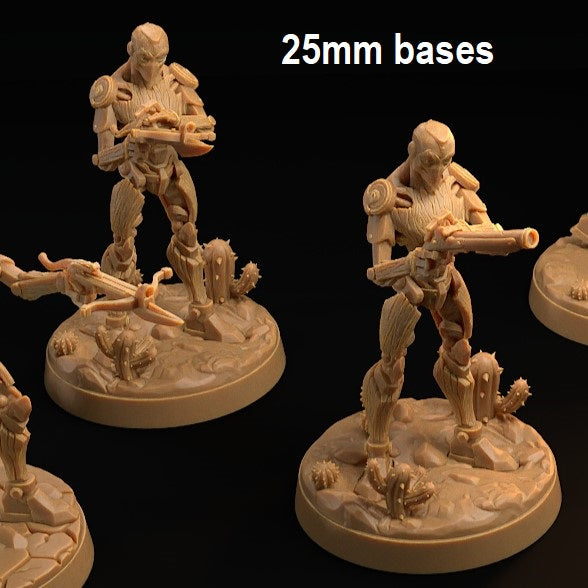 Image shows 3D renders for two different options of a warforged gunslinger gaming miniature, one holding a crossbow and one holding a gun