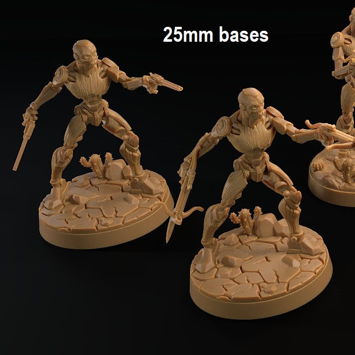 Image shows 3D renders for two different options of a warforged gunslinger gaming miniature, one holding two guns and one holding two crossbows