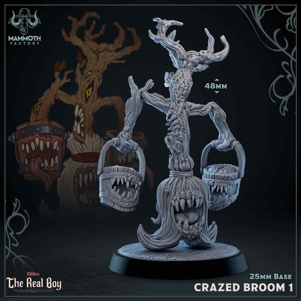 Image shows a 3D render of an enchanted evil broom gaming miniature