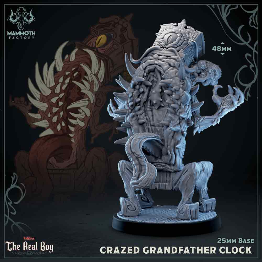 Image shows a 3D render of a monster grandfather clock gaming miniature