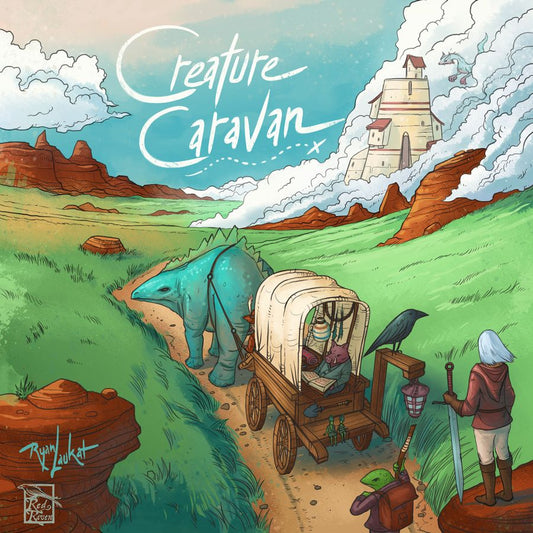 Image shows the front cover of the box of the Creature Caravan board game