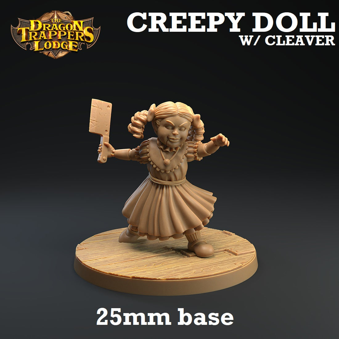 Image shows a 3D render of a creepy doll gaming miniature holding a meat cleaver