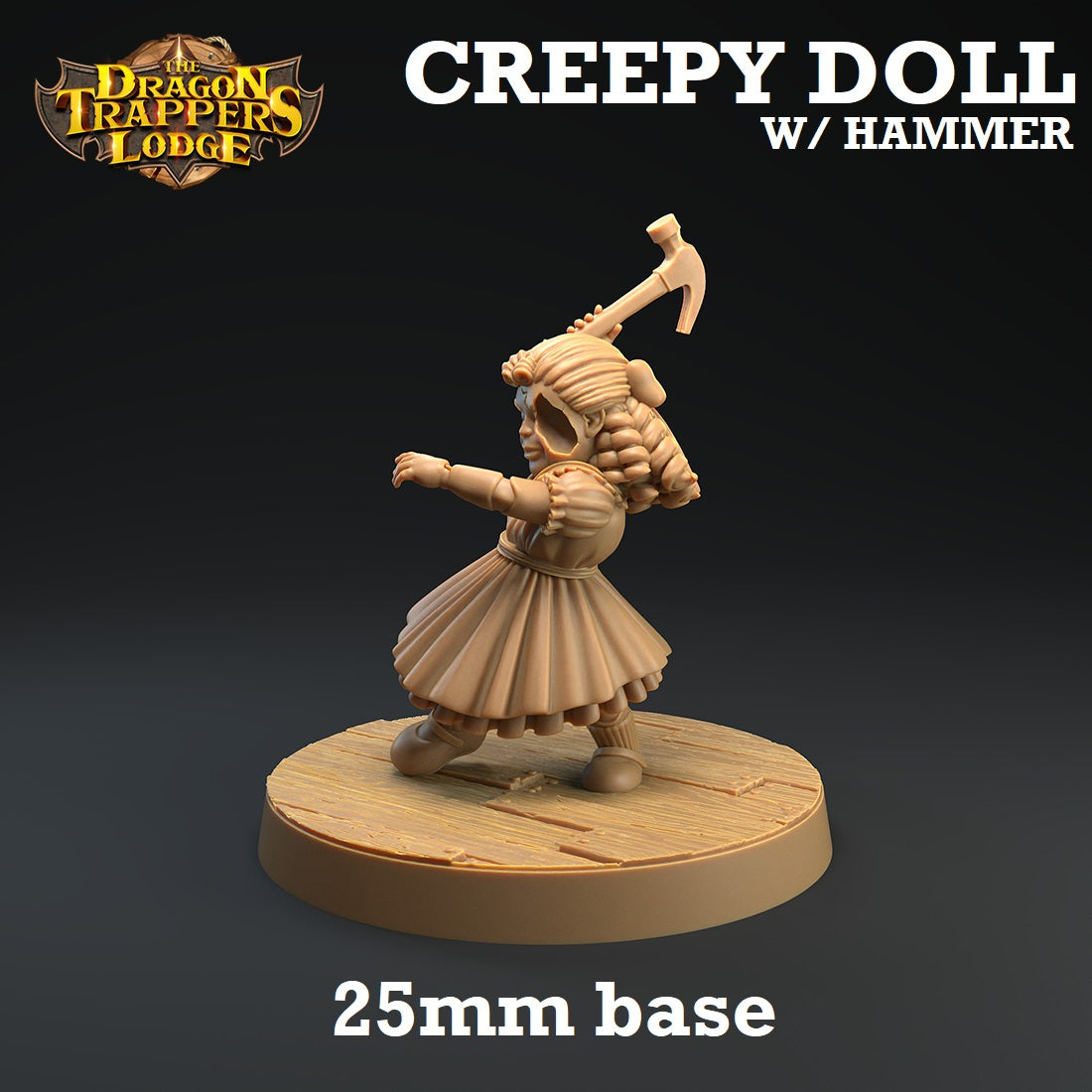 Image shows a 3D render of a creepy doll gaming miniature holding a hammer