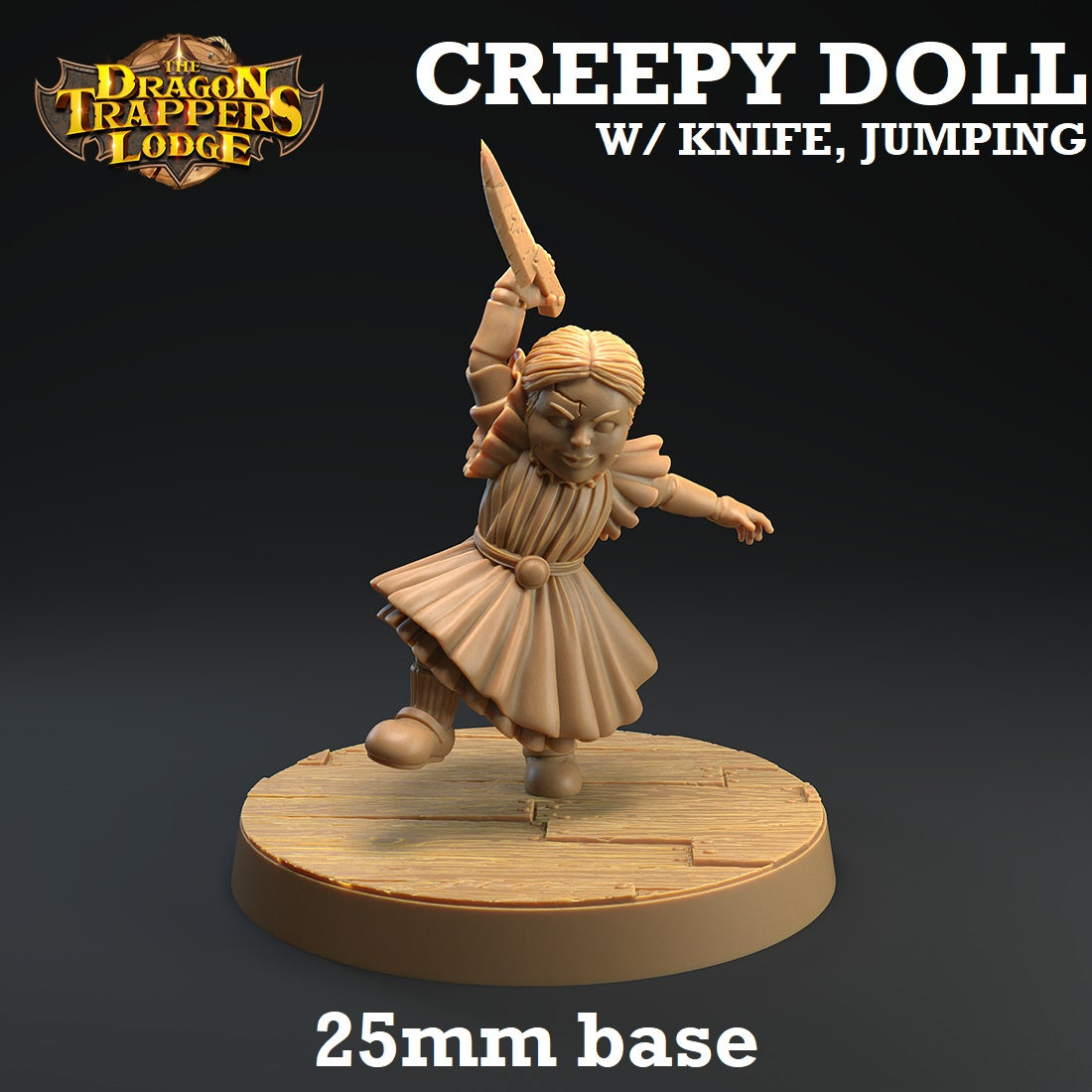 Image shows a 3D render of a creepy doll gaming miniature holding a knife