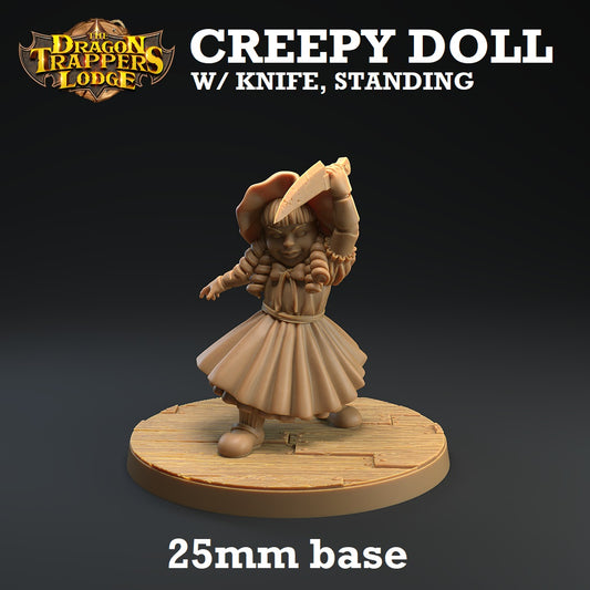 Image shows a 3D render of a creepy doll gaming miniature holding a knife