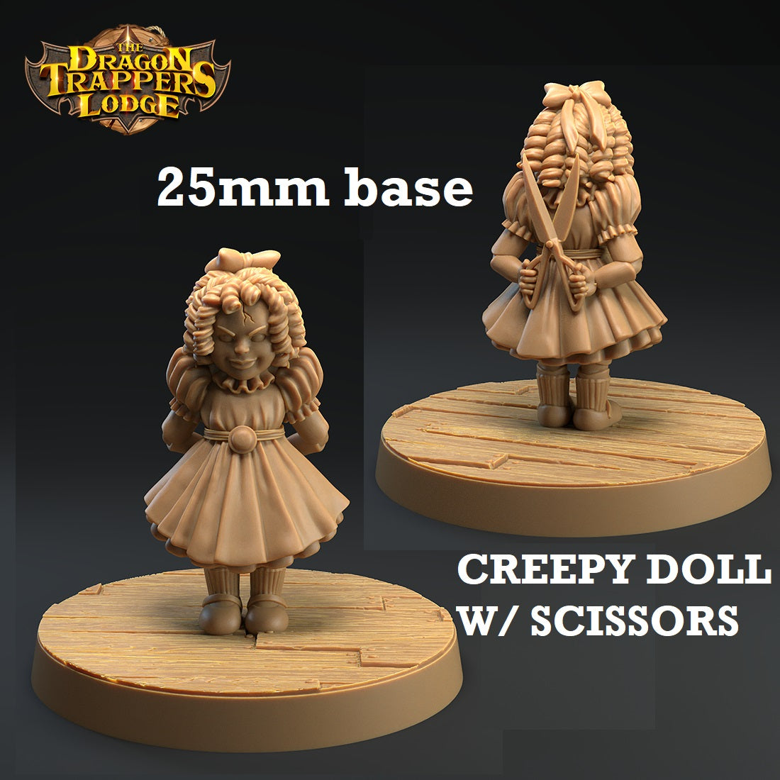 Image shows a 3D render of a creepy doll gaming miniature holding a pair of scissors