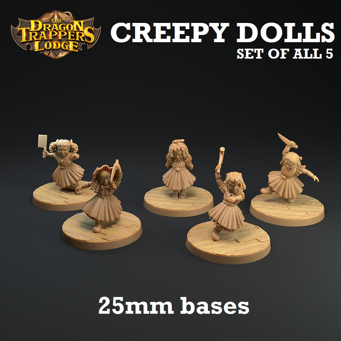 Image shows 3D renders for five different sculpt options of a creepy doll gaming miniature holding weapons