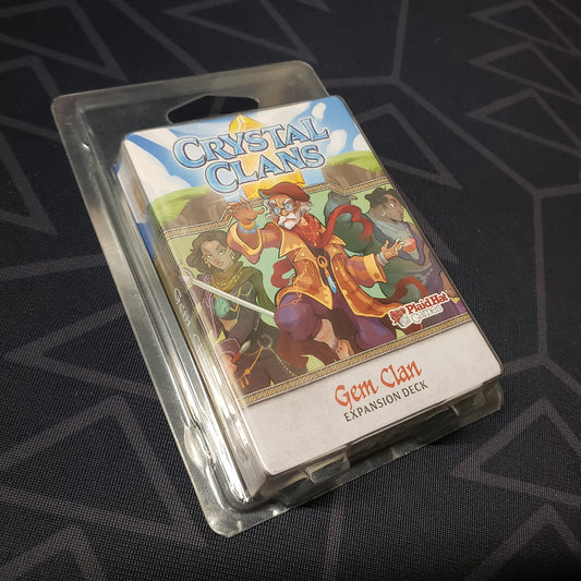 Image shows the front of the package of the Gem Clan expansion for the card game Crystal Clans