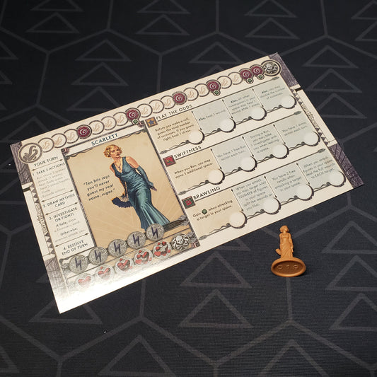 Image shows the character dashboard & miniature for the Scarlett Hayes expansion for the board game Cthulhu: Death May Die