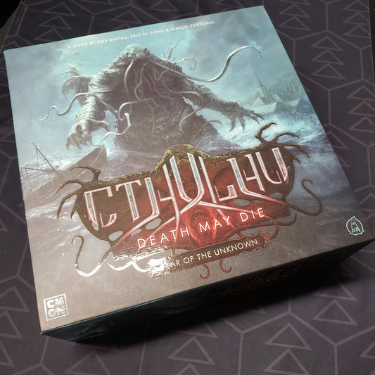 Image shows the front cover of the box of the board game Cthulhu: Death May Die - Fear of the Unknown