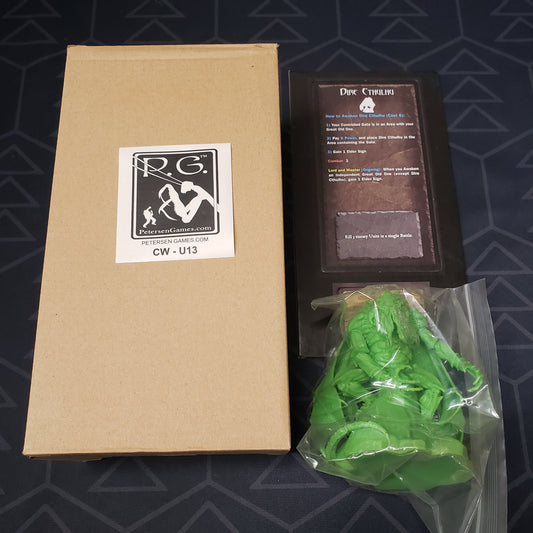 Image shows the box, miniature and components for the Dire Cthulhu Expansion for the Cthulhu Wars board game