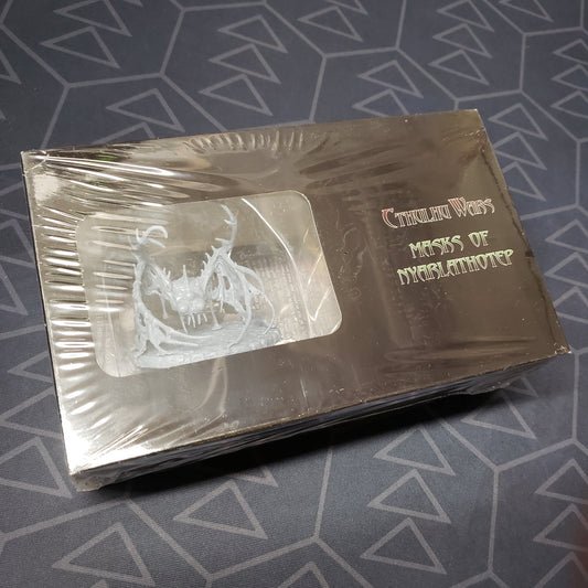 Image shows the front of the packaging for the Masks of Nyarlathotep expansion for the board game Cthulhu Wars