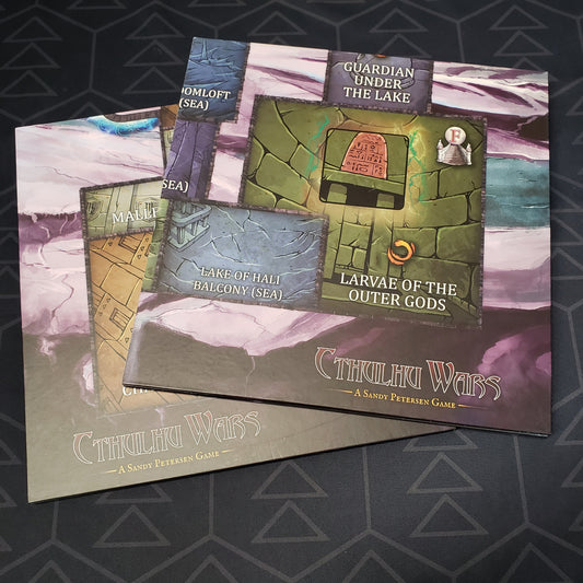 Image shows the two boards that make up the Six to Eight Player Library at Celaeno Map expansion for the board game Cthulhu Wars