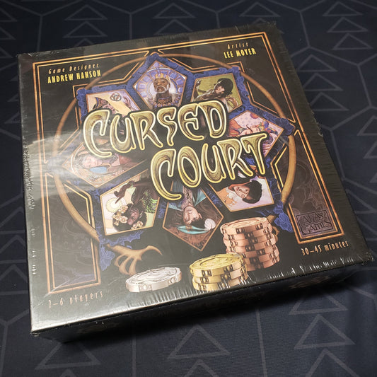Image shows the front cover of the box for the Cursed Court board game