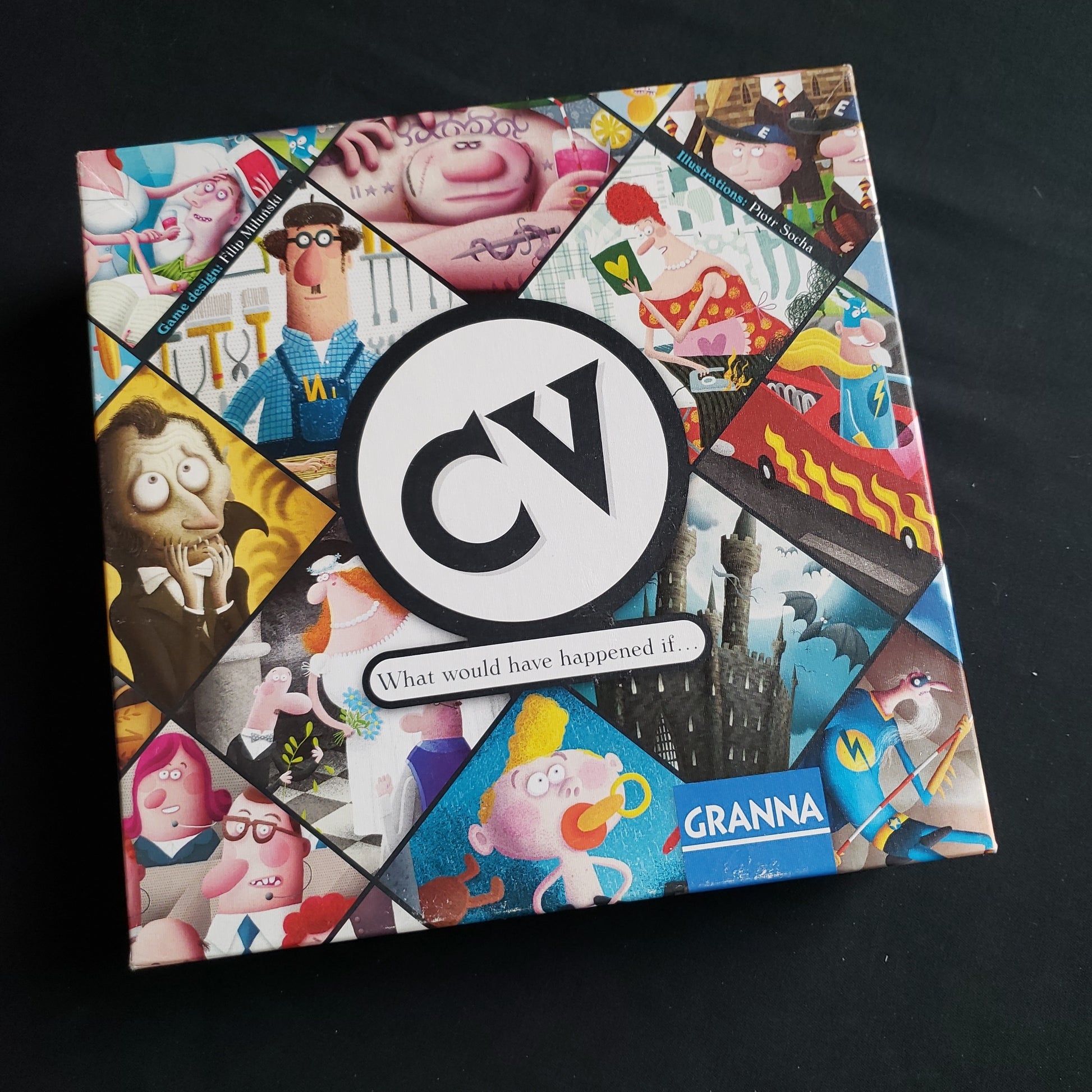 Image shows the front cover of the box of the CV board game