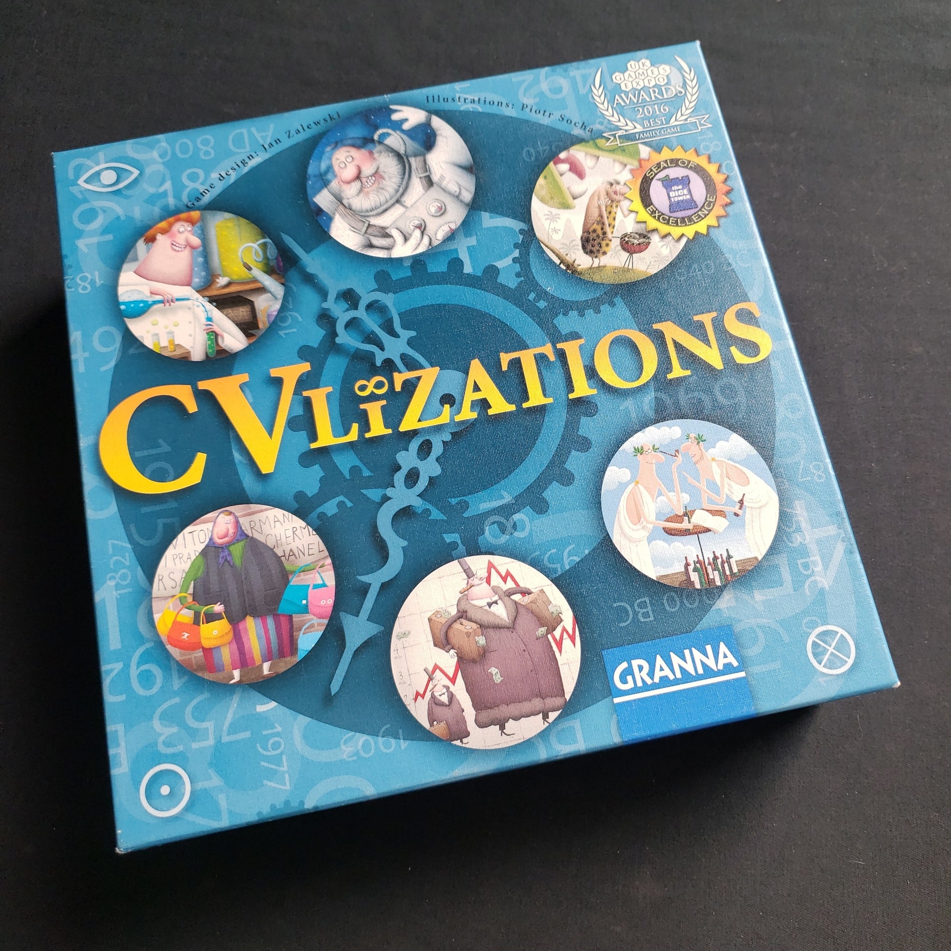 Image shows the front cover of the box of the CVlizations board game