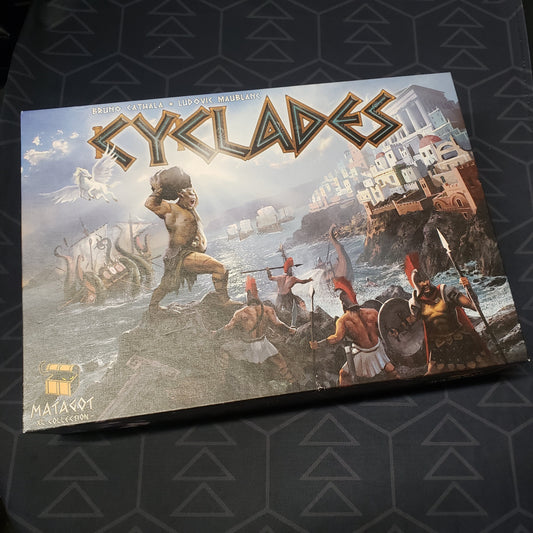 Image shows the front cover of the box of the Cyclades board game