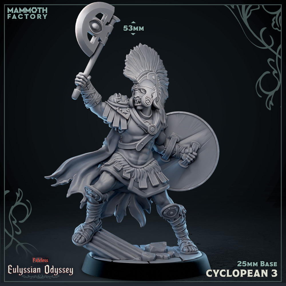 Image shows a 3D render of a cyclops warrior gaming miniature.