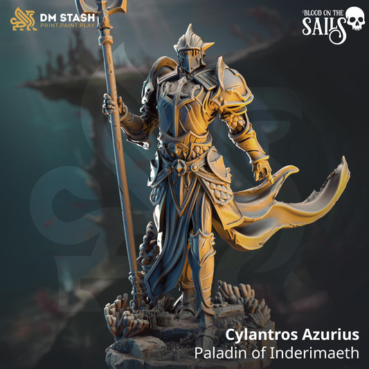 Image shows a 3D render of a human paladin gaming miniature holding a trident