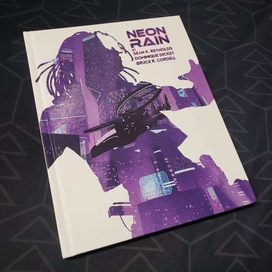 Image shows the front cover of the Neon Rain book for the Cypher System roleplaying game