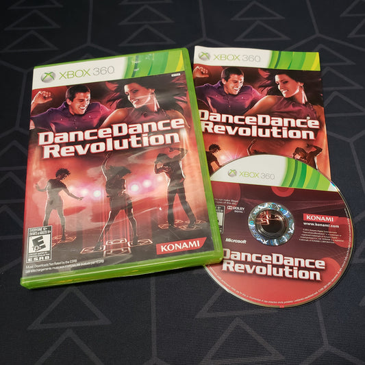 Image shows the case, manual & disc for the video game Dance Dance Revolution for Xbox 360