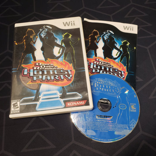 Image shows the case, manual & disc for the video game Dance Dance Revolution: Hottest Party for Nintendo Wii