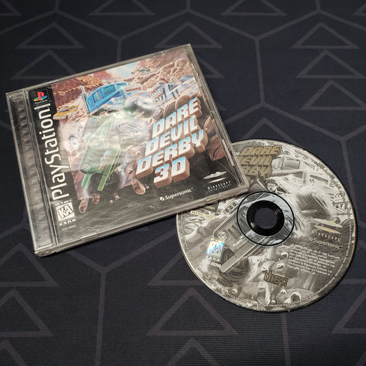 Image shows the jewel case with manual and disc for the video game Dare Devil Derby 3D for Playstation 1