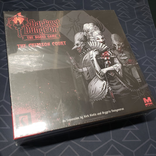 Image shows the front cover of the box of the Crimson Court expansion for the board game Darkest Dungeon