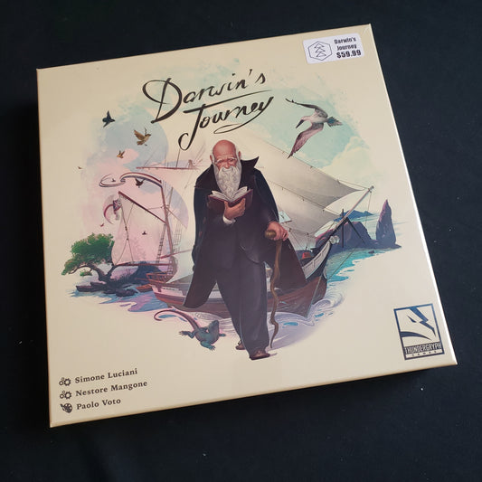 Image shows the front cover of the box of the Darwin's Journey board game