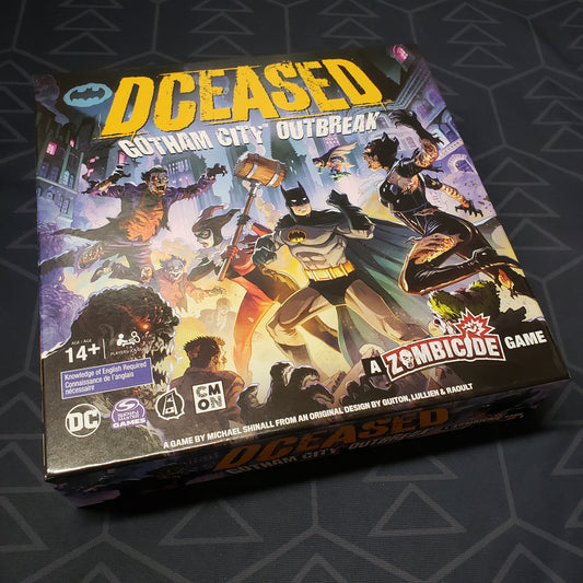 Image shows the front cover of the box for the DCeased: Gotham City Outbreak board game