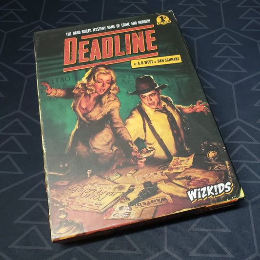 Image shows the front cover of the box of the Deadline board game