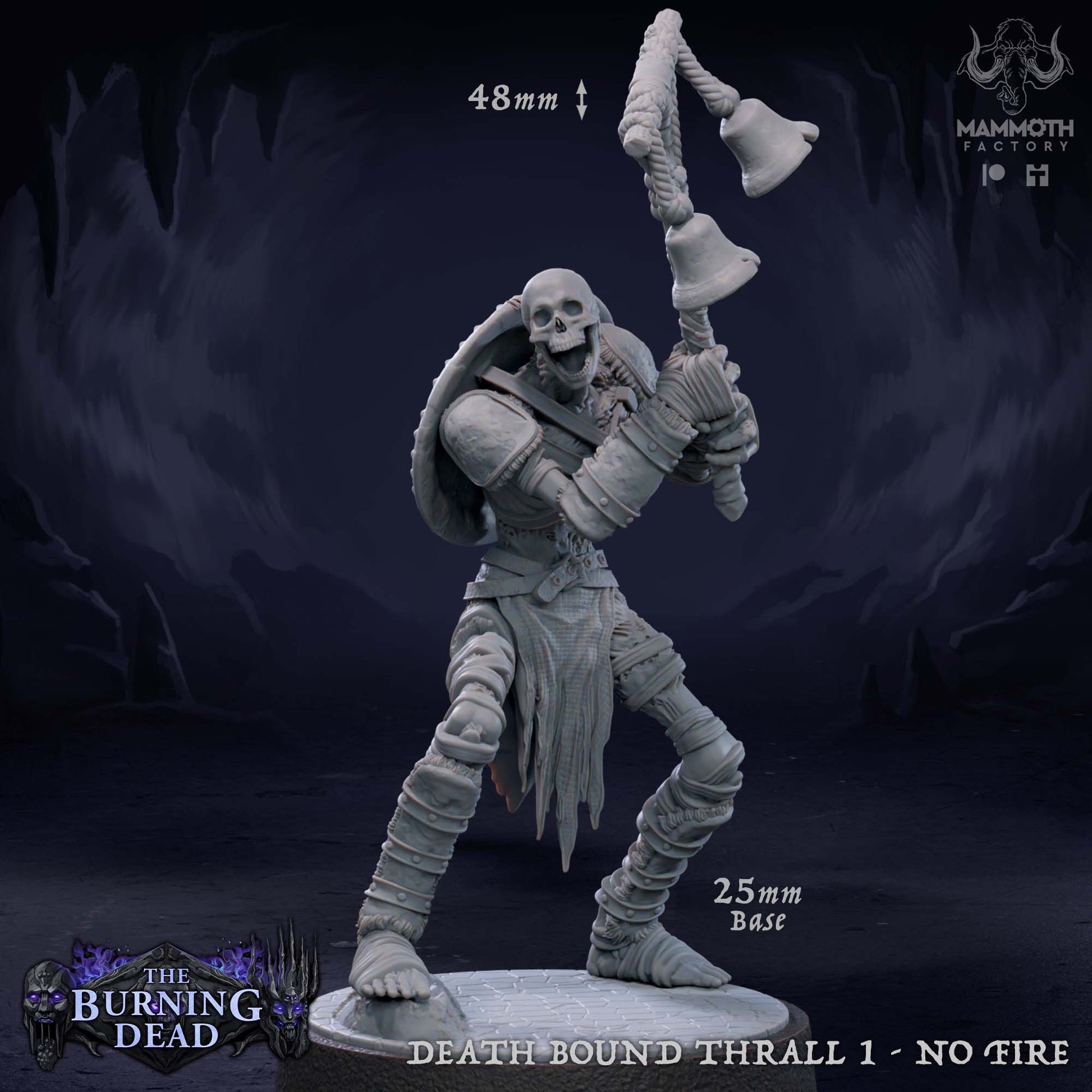 Image shows a 3D render of a skeleton bellringer gaming miniature.