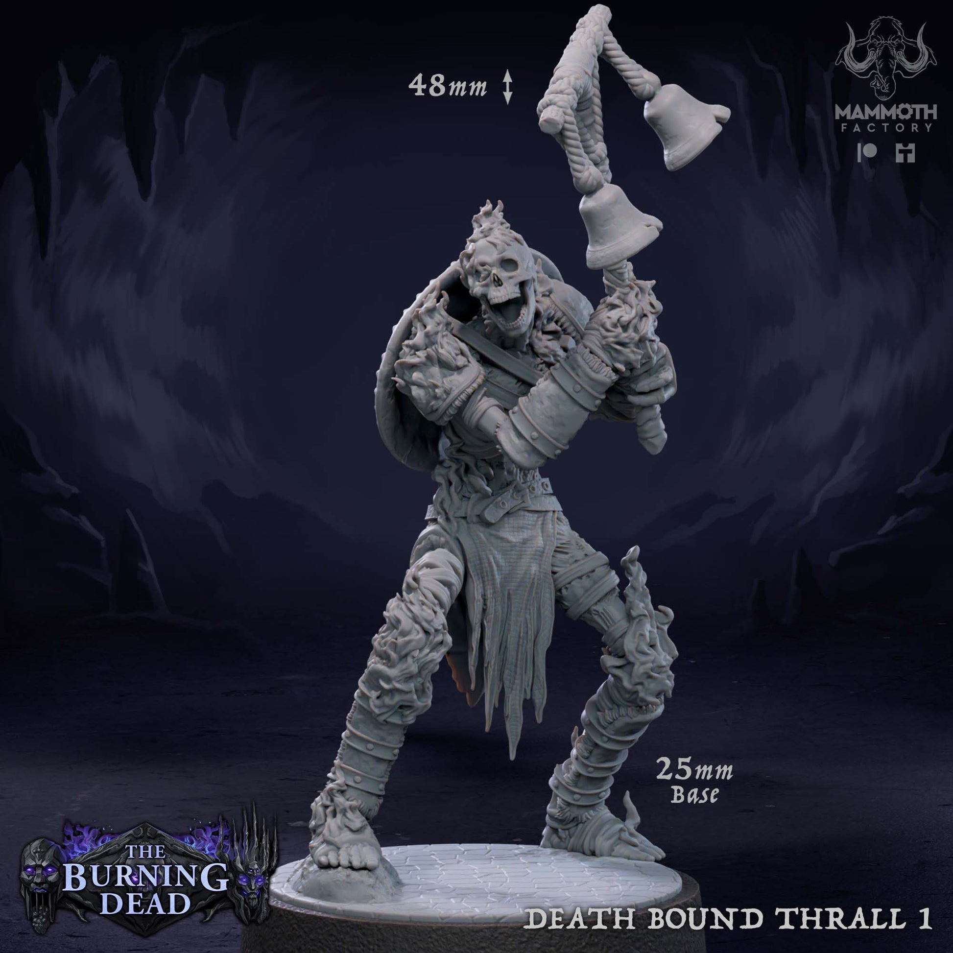 Image shows a 3D render of a flaming skeleton bellringer gaming miniature