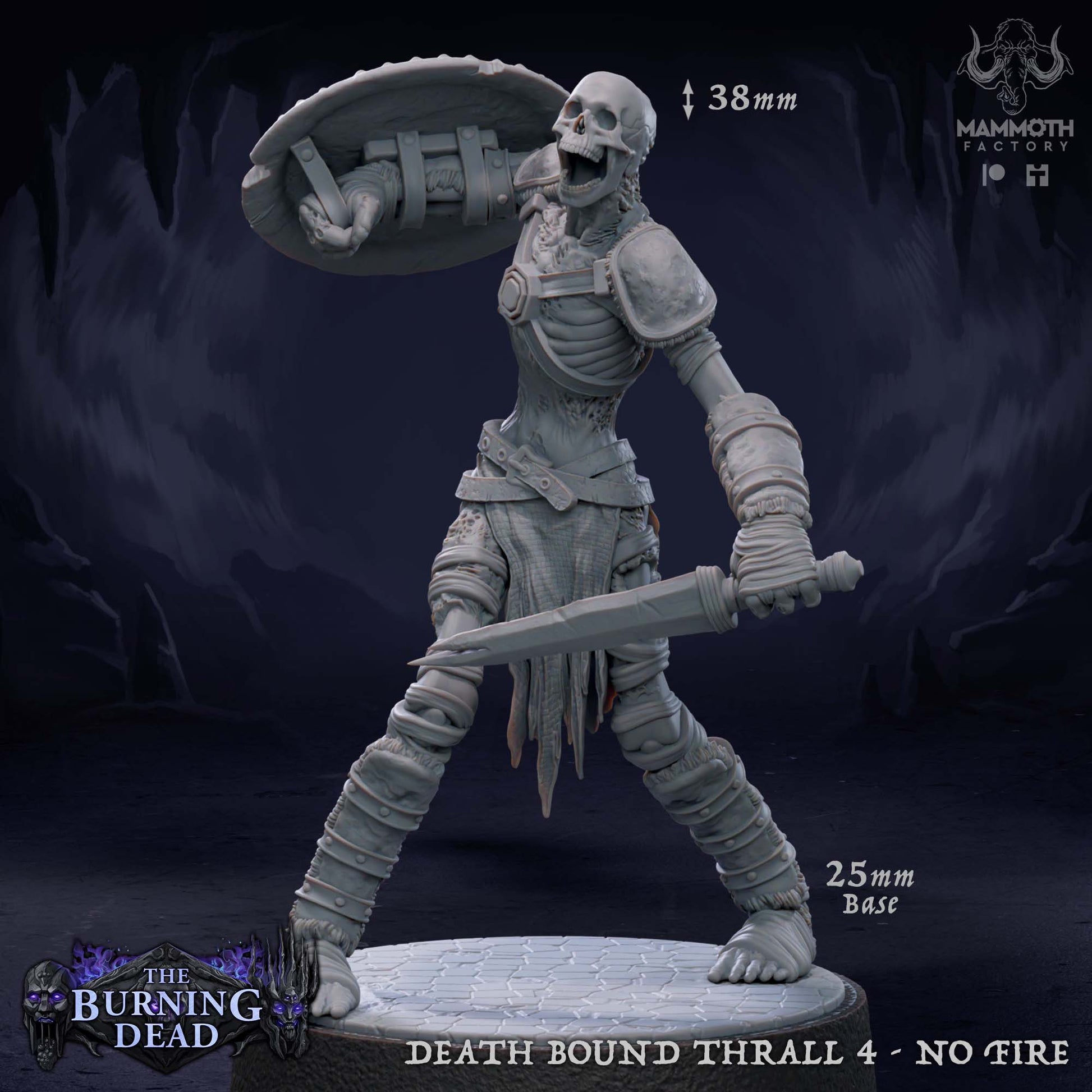 Image shows a 3D render of a skeleton warrior gaming miniature.