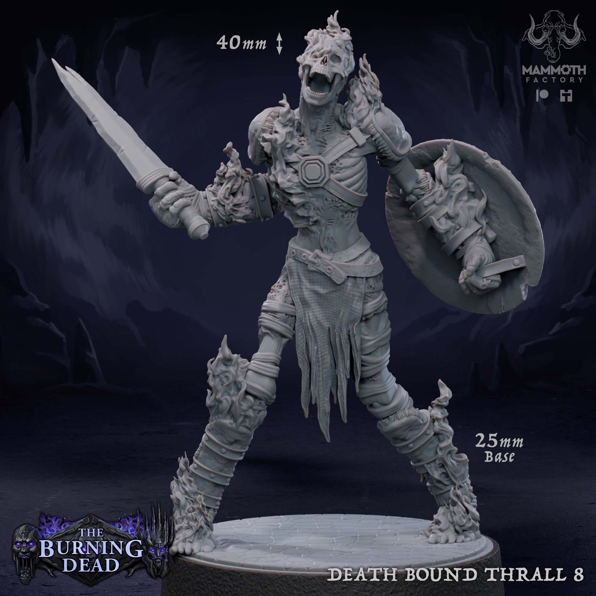 Image shows a 3D render of a flaming skeleton warrior gaming miniature.
