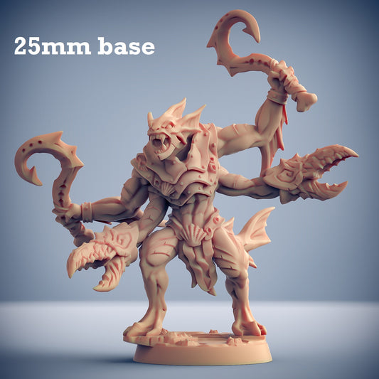 Image shows a 3D render of a four-armed merfolk warrior gaming miniature.