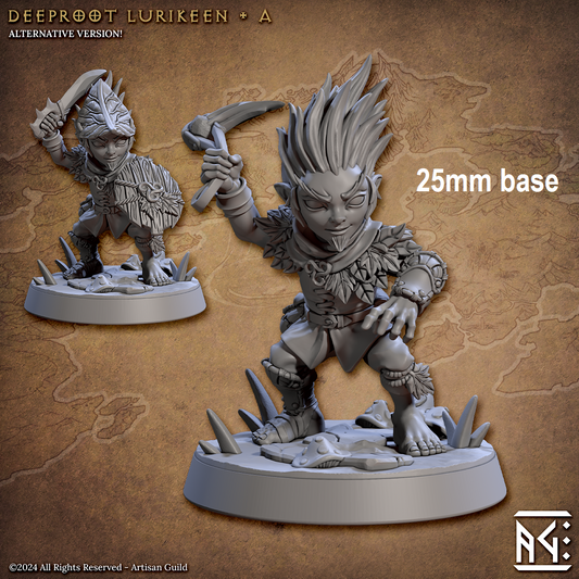 Image shows 3D renders for two options for a woodland gnome gaming miniature, one with a sword & shield wearing a leaf hat, and one with a sling