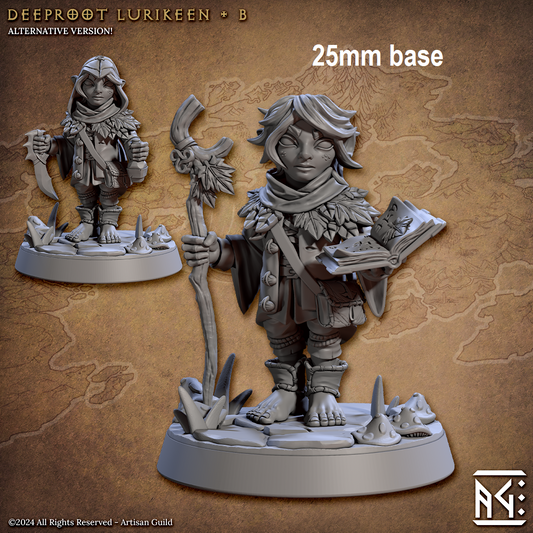 Image shows 3D renders for two options for a woodland gnome gaming miniature, one with a sword & potion bottle wearing a leaf hat, and one with a staff and book
