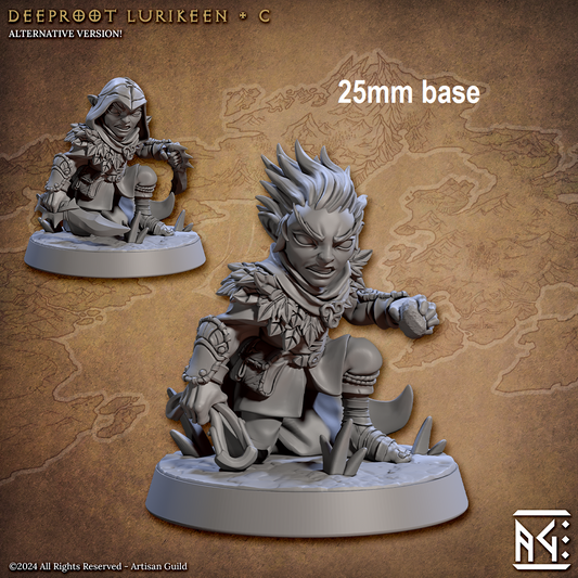 Image shows 3D renders for two options for a woodland gnome gaming miniature, one with two daggers wearing a leaf hat, and one with a sling & a stone