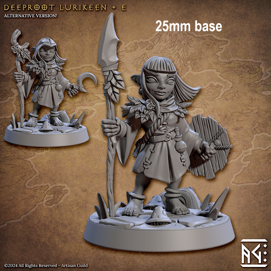 Image shows 3D renders for two options for a woodland gnome gaming miniature, one with a staff & sickle wearing a leaf hat, and one with a spear & shield
