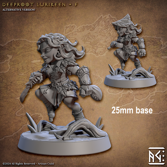 Image shows 3D renders for two options for a woodland gnome gaming miniature, one with a stone & sling wearing a leaf hat, and one with a dagger & pouch