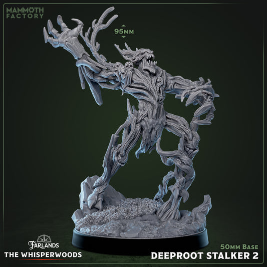 Image shows a 3D render of a angry treefolk gaming miniature, arm reared back