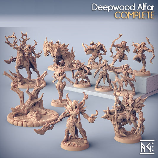 Image displays the variety of miniatures included in Artisan Guild's Deepwood Alfar set