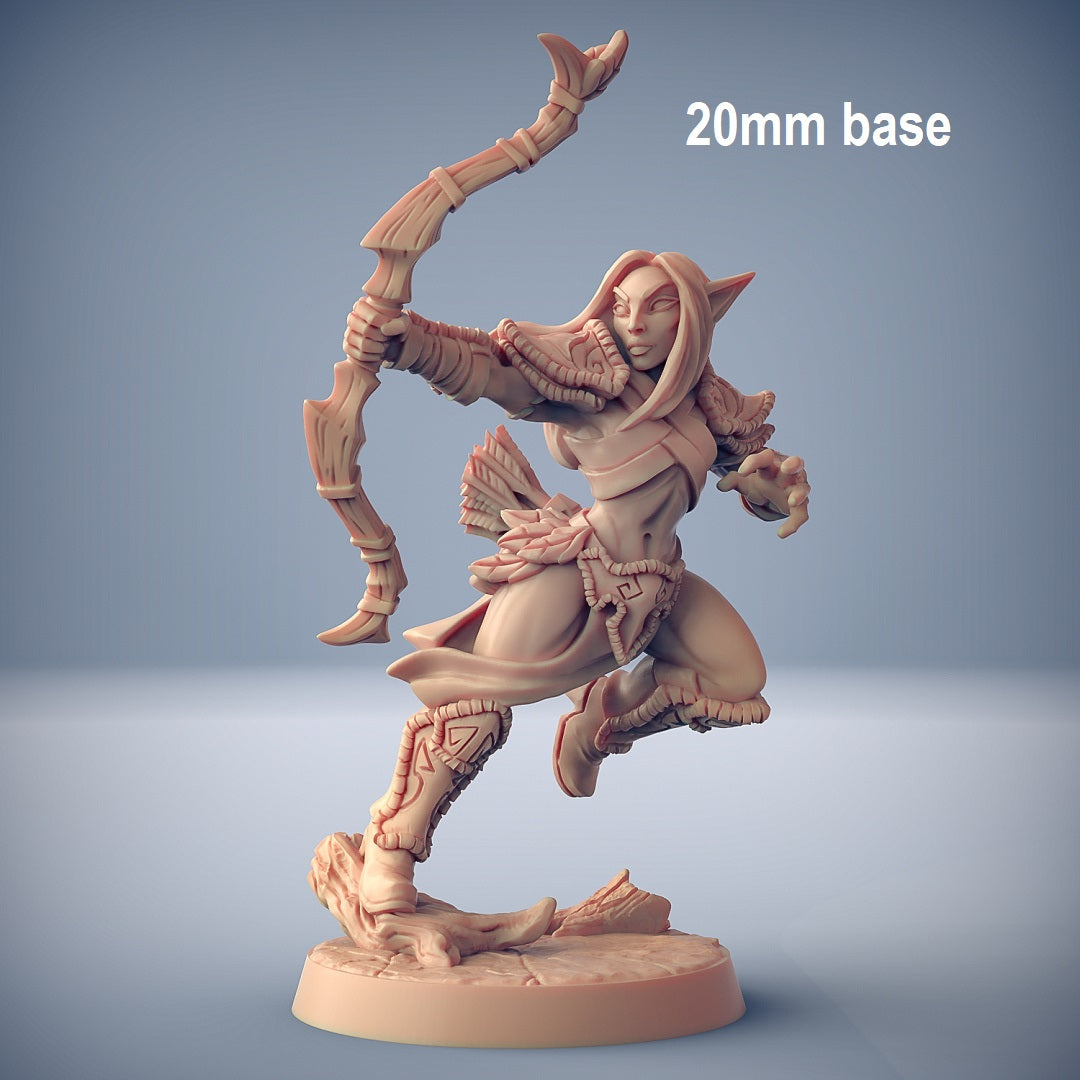 Image shows an 3D render of an elf ranger gaming miniature holding a longbow