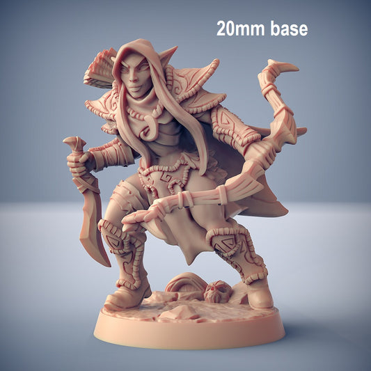 Image shows an 3D render of an elf thief gaming miniature holding a dagger and a bow
