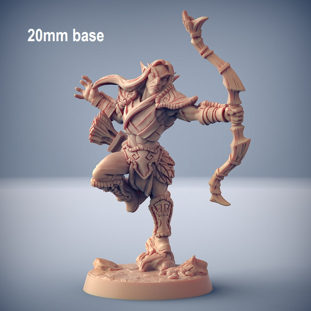 Image shows an 3D render of an elf ranger gaming miniature holding a longbow