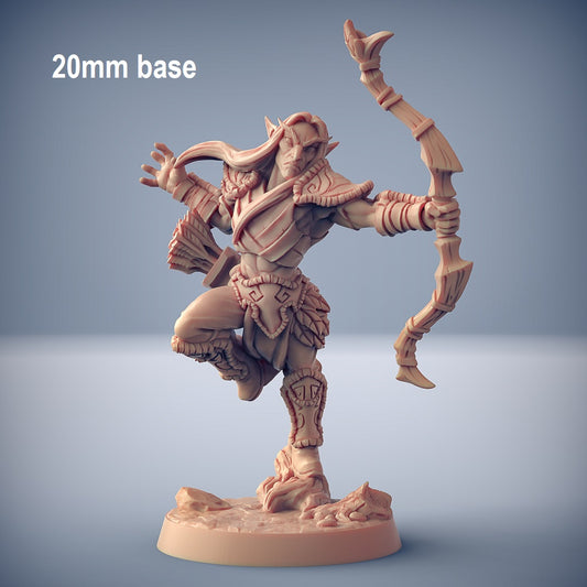 Image shows an 3D render of an elf ranger gaming miniature holding a longbow