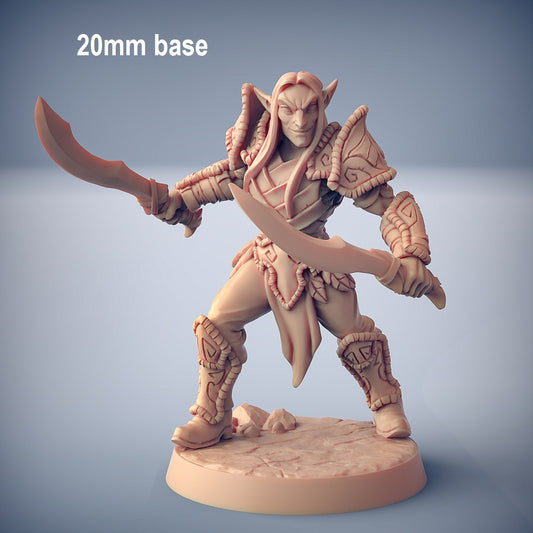 Image shows an 3D render of an elf rogue gaming miniature holding two scimitars